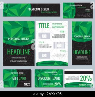 Corporate identity vector template with green polygonal elements. Mock up banner for business with headline, illustration of booklet with geometric polygonal pattern for business Stock Vector