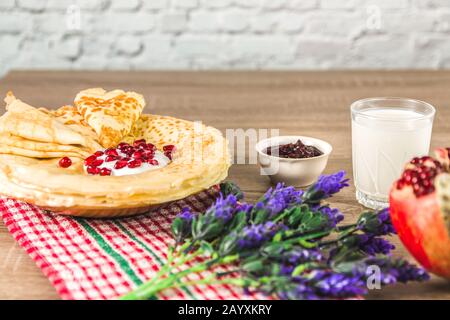 healthy traditional pancakes from rice flour on wooden table. delicious healthy breackfast Stock Photo
