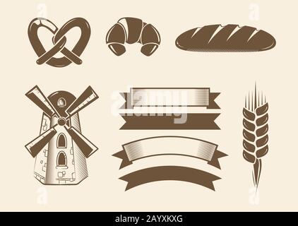Elements for vintage vector bakery logotypes logos badges labels and emblems. Bakery element for logotype and graphic, bakery label illustration Stock Vector