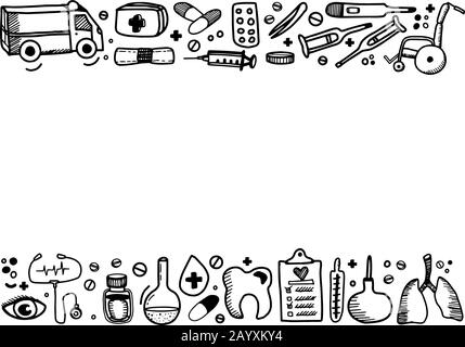 Horizontal frame border with medical equipment in doodle style isolated on white background. Vector outline illustration. Stock Vector