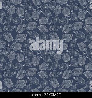 Seamless pattern with decorative fish in doodle style isolated on blue background. Vector coral reef fish outline illustration. Stock Vector