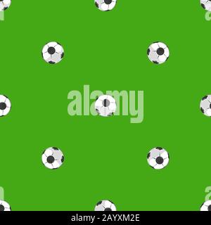Soccer balls over green field seamless pattern. Backdrop soccer game for championship, vector illustration Stock Vector