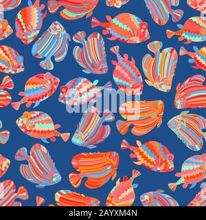 Seamless pattern with colored fish in doodle style isolated on trendy blue background.Vector coral reef fish outline illustration. Stock Vector