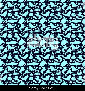 Seamless pattern with ocean animals and seaweed in cartoon isolated on blue background.Simple silhouette.Vector illustration. Stock Vector