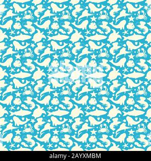 Seamless pattern with ocean animals and seaweed in cartoon isolated on blue background.Simple silhouette.Vector illustration. Stock Vector