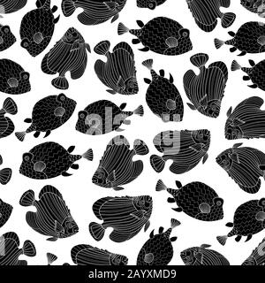 Seamless pattern with black fish in doodle style isolated on white background. Vector coral reef fish outline illustration. Stock Vector