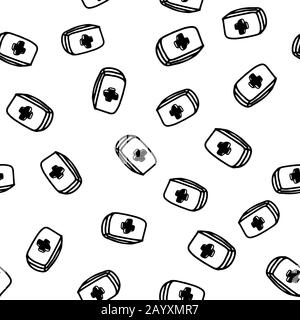 Medical seamless pattern with first aid kit in doodle style isolated on white background. Medical box drawn. Vector Stock Vector