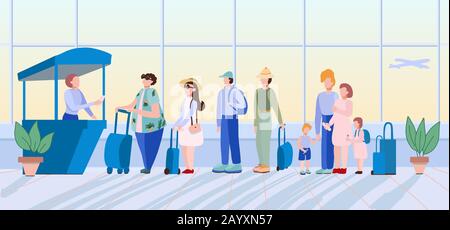 Queue at the airport.Flat concept with people.Registration.People standing in queue or line to check-in desk in order to register for flight. Stock Vector