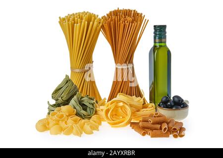 Various kinds of pasta isolated on white Stock Photo