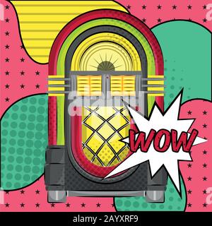 Neon jukebox on a halftone background Stock Vector