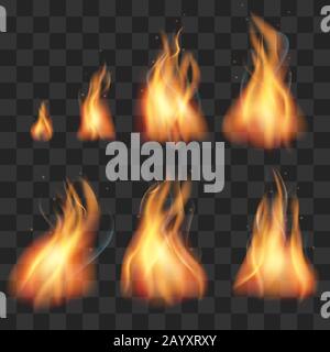 Realistic fire animation sprites flames vector set. Realistic creative hot fire and inferno explosion fire illustration Stock Vector