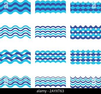 Marine, sea, ocean waves vector set. Sea water wave element, design wave ocean for web design illustration Stock Vector