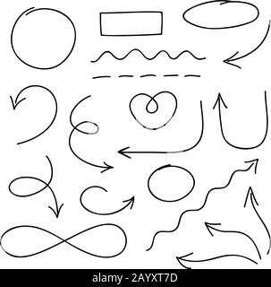 Arrows, circles and doodle symbols vector set. Line arrow sign and drawing doodle arrows illustration Stock Vector