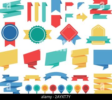 Vector ribbons and labels flat vector set. Ribbon banners in different colors, ribbon badges templates Stock Vector