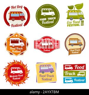 Car street food festival color labels set. Car food service labels. Van restaurant and mexican snack badges. Vector illustration Stock Vector