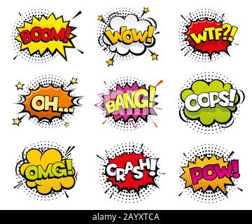 Comic sound effects in pop art vector style. Sound bubble speech with word and comic cartoon expression sounds illustration Stock Vector
