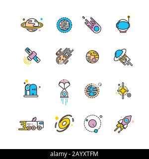 Cosmos exploration flat icons with planets and rockets. Exploration interstellar and icon set universe vehicle for exploration space. Vector illustration Stock Vector