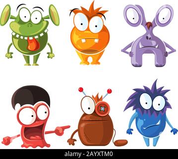 Cartoon cute character monsters vector set. Crazy monsters with funny grimace, bizarre monster illustration Stock Vector