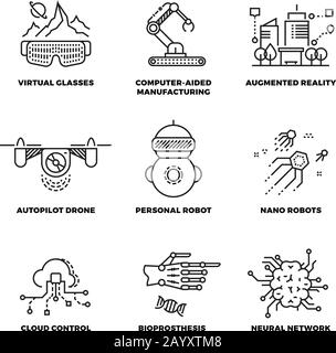Future technology and robot artificial intelligence outline vector icons. Future machine in linear style, illustration new robot machine Stock Vector