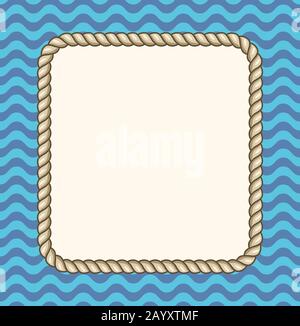 Sea waves background with a rope frame. Vintage banner isolated on wave pattern. Vector illustration Stock Vector