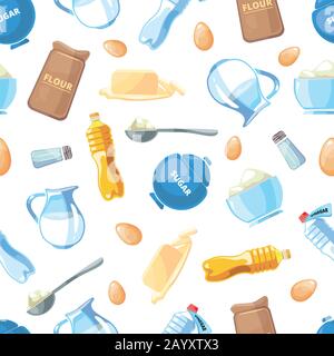 Cartoon baking ingredients seamless pattern. Component for baking, milk and sunflower oil. Background with ingredients to baking illustration Stock Vector
