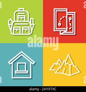 Road tourist icons in line style on color background. Mountain hiking, map and backpack. Vector illustration Stock Vector