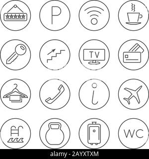 Hotel services line thin vector. Set of icons for hotel service, illustration signs parking and internet hotel services Stock Vector