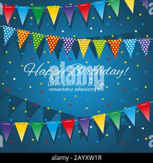 Carnival party vector background with multicolored bunting flags garlands. Banner birthday party with decoration, illustration of template for birthday party Stock Vector