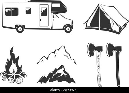 Vector elements for summer camp outdoors vintage labels, emblems, logos, badges. Tent for mountain camp, travel and recreation in outdoor camp illustration Stock Vector