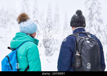 man and woman with backpacks, standing with their backs to the viewer, looking at the blurry winter forest landscape Stock Photo