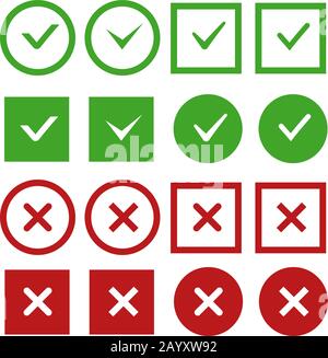 Green check marks and red crosses vector buttons or icons. Sign no and yes mark. Check mark correct and negative. Vector illustration Stock Vector