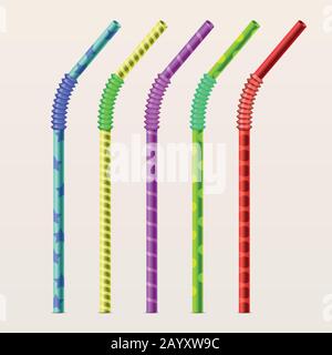 Colored drinking straws. Plastic straw tube for drink and stripe pipe straw flexible. Vector illustration set Stock Vector