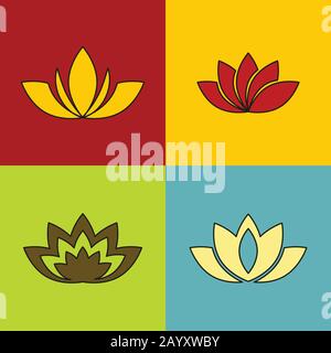 Color flowers with black stroke on color background. Set of colored floral element. Vector illustration Stock Vector