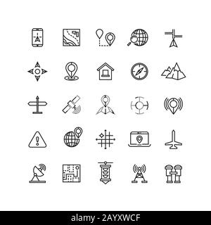 Outline location icons set. Location web and location with mobile phone or laptop. Vector illustration Stock Vector