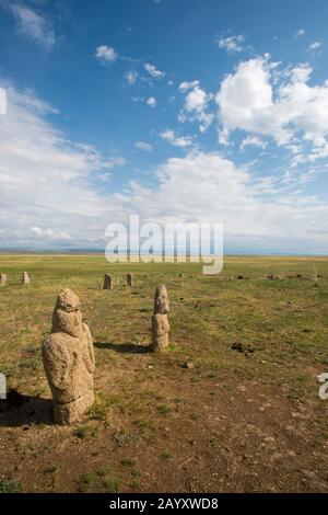 Ongot grave (Neolithic grave) in Tuul River valley with carved grave stones, carved by people of Turkic origin about 1200 ? 1400 years ago, Hustai Nat Stock Photo