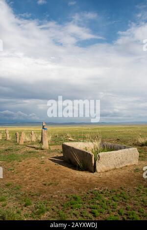 Ongot grave (Neolithic grave), in Tuul River valley, Hustai National Park, Mongolia. Stock Photo