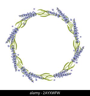 Lavender round frame, wreath. Floral lavender frame, flower wreath nature lavender plant. Vector illustration Stock Vector