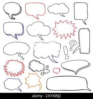 Hand drawn speech bubbles cloud doodle vector set. Bubble for speech and message collection Stock Vector