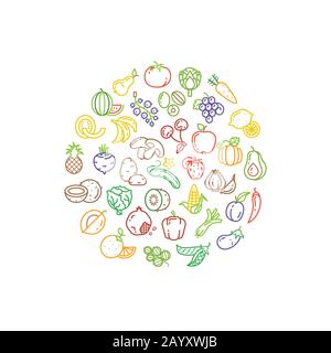 Fruit and vegetable vector logo with line icons. Fruit food and icon vegetable, organic healthy fruit illustration Stock Vector
