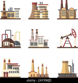 Factory industrial building and manufacturing plants vector flat icons. Factory building and plant industry construction, industrial and manufacturing factory illustration Stock Vector