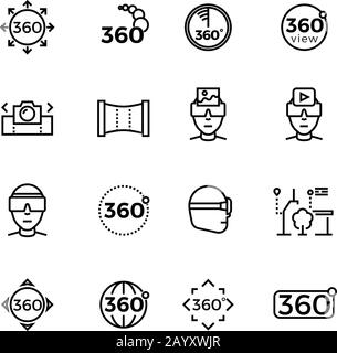 360 degree image, panorama, virtual reality thin line icons. Device for simulation gaming, vector illustration Stock Vector