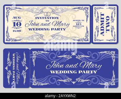 Vector vintage ticket wedding invitation. Ticket card for celebration wedding and invitation to wedding marriage illustration Stock Vector