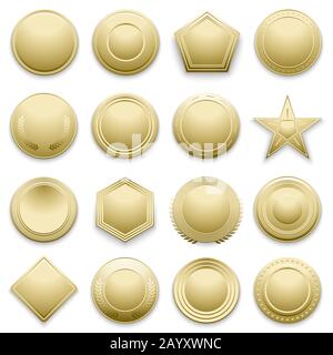 Vector blank gold labels set. Star and hexagon golden label, illustration set of gold badge for winning and awarding Stock Vector