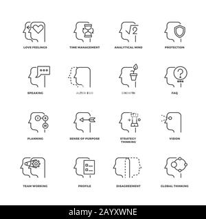 Human mind process, brain features line vector icons set. Brain human and process of psychology brain illustration Stock Vector