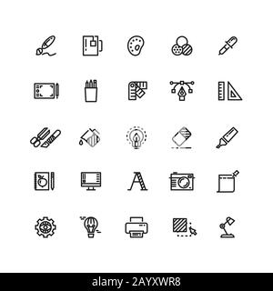 Graphic design tools, creative, office stationery line thin icons set. Tool stationery for office or art. Pencil and marker, instrument and highlighter graphic tools. Vector illustration Stock Vector