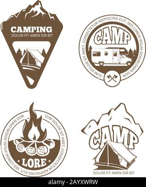 Hiking and camping retro vector labels, emblems, logos, badges. Emblem camping design with campfire, camping logo illustration Stock Vector