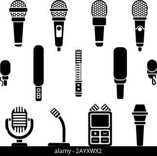 Microphone types black icons vector set. Microphone media sound and audio device microphone illustration Stock Vector