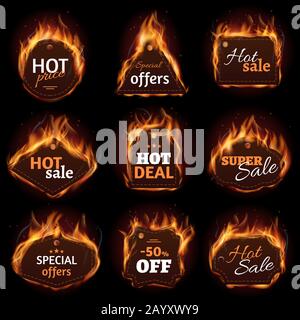 Hot fire sale, price, deal, offer labels, tag, badge set. Tag for promotion, design tags in fire for deal and offer. Vector illustration Stock Vector