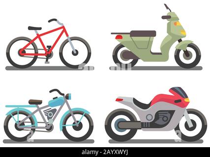 Bike and motorbike vector illustration. Set of ride transport bike and motorbike Stock Vector
