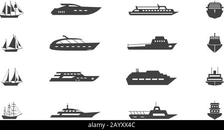 Ship and boat vector icon. Set of ship for travel, illustration boat and ship for transportation on water Stock Vector